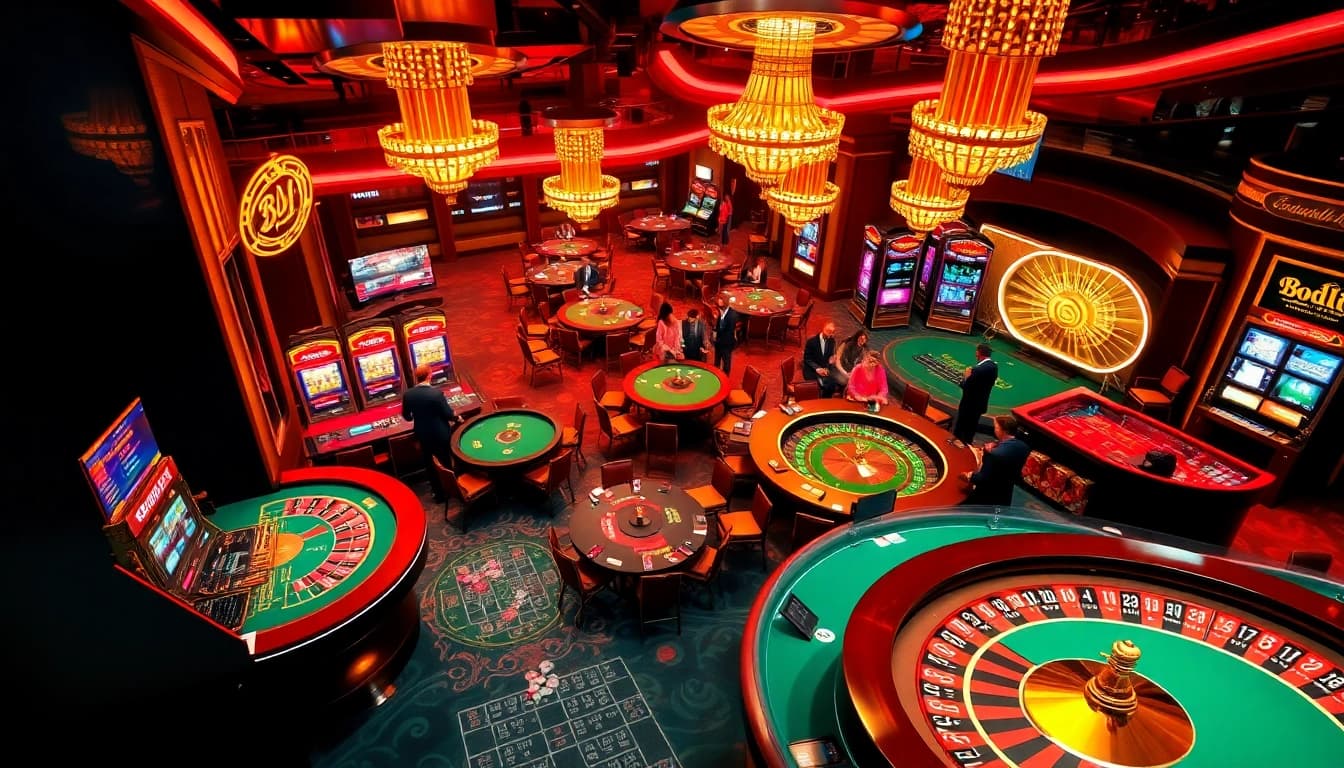 Engaged gamblers enjoying a lively BDJL-themed casino atmosphere filled with elegant tables and bright slot machines.