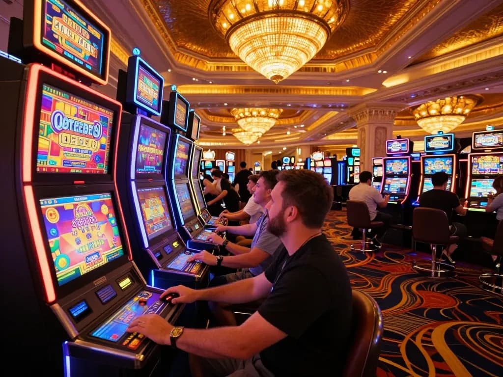 Players enjoy vibrant slot machines at g28 casino, celebrating wins in an exciting atmosphere