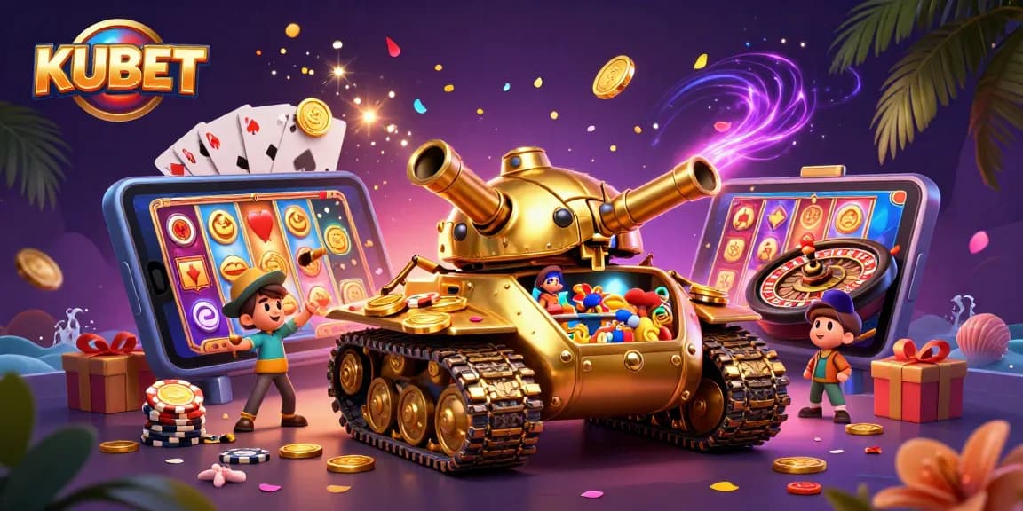 Experience thrilling games with KUBET at a mini casino inside a golden beetle tank, surrounded by vibrant symbols.