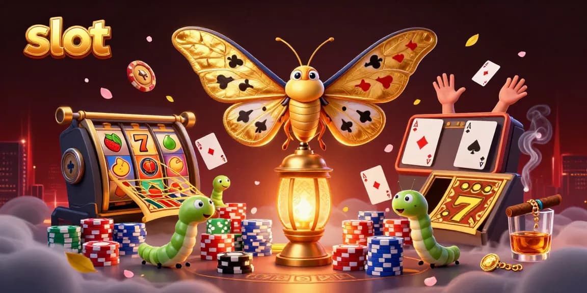 Memenangkan slot melalui ilustrasi kasino yang menakjubkan dengan kupu-kupu dan elemen judi.