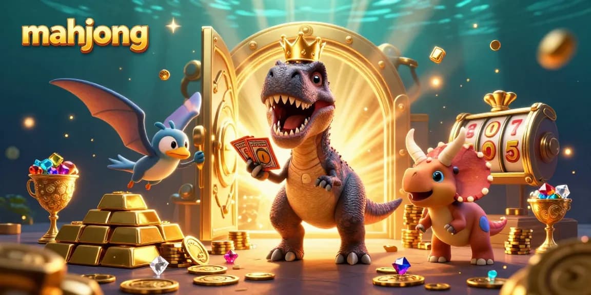 Engage in mahjong-themed slots with a vibrant scene featuring dinosaur characters and gold treasures.