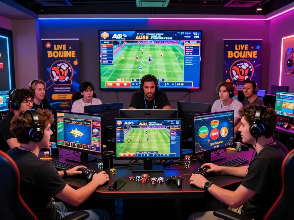 Engaged players enjoying AU88 online betting games in a vibrant gaming lounge.