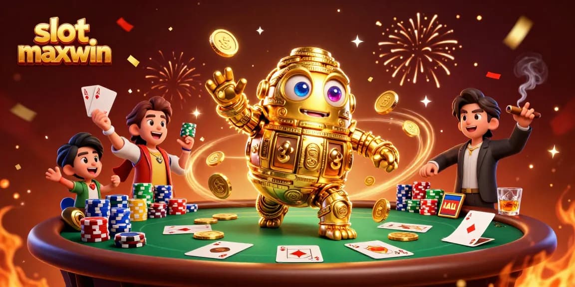 Menyambut kemeriahan dengan slot maxwin, golem emas berkilau dikelilingi simbol permainan slot dan tumpukan chip poker berwarna.