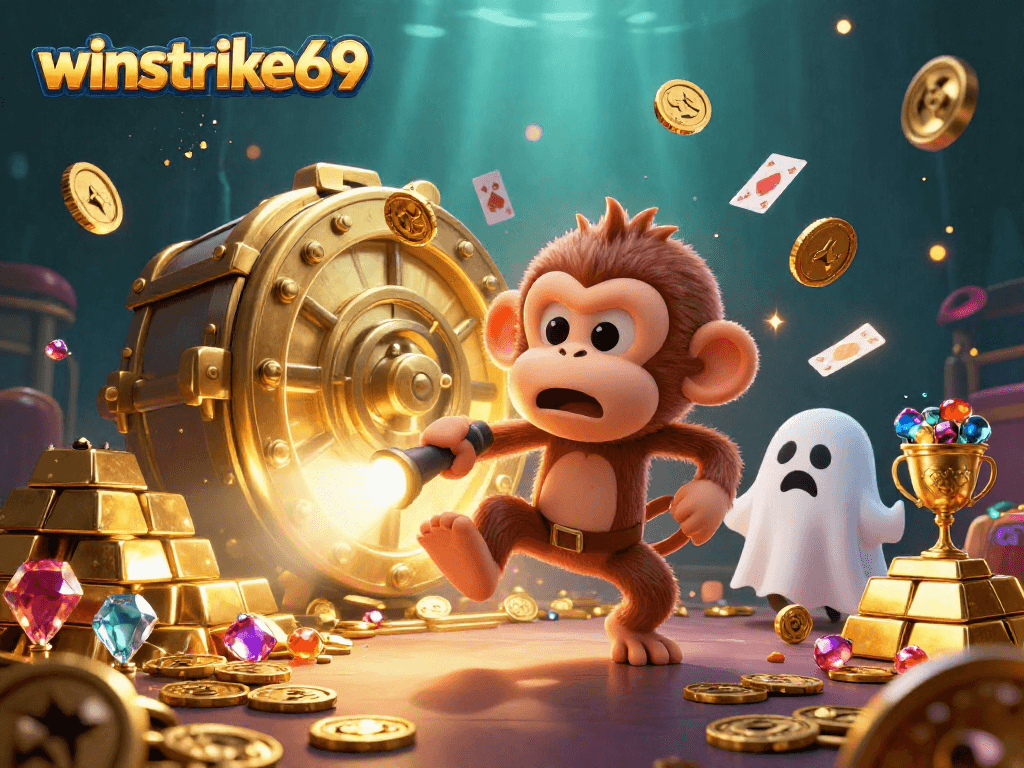 Experience magical moments at winstrike69 with a playful poltergeist monkey and a ghost-hunter puppy in a vibrant casino.