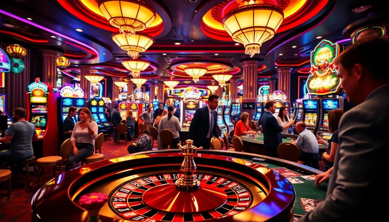 Experience the thrill at an Antillephone licensed casino with players enjoying table games and slot machines.