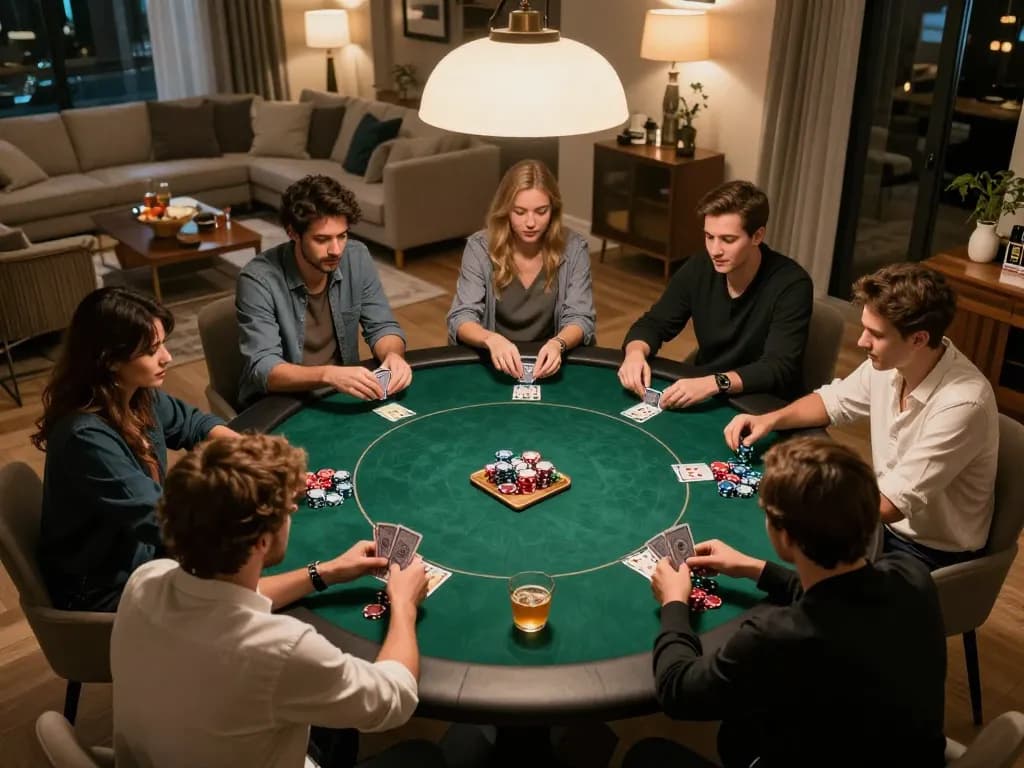 Friends enjoying an engaging home poker night with RR88 mobile gaming strategy.