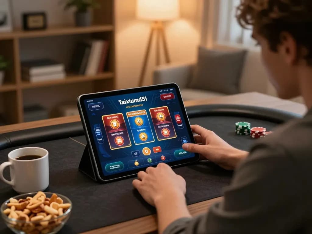 Player engaging with taixiumd51 app on tablet, showcasing online gambling experience at home.