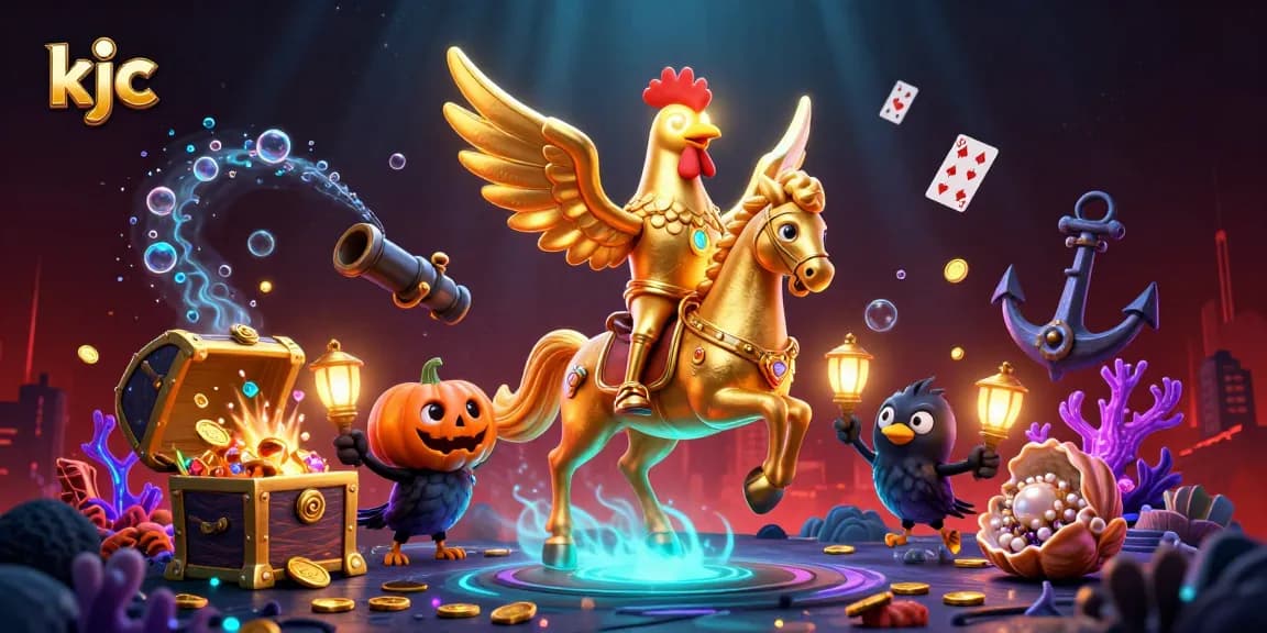 KJC captivates players with a vibrant casino experience featuring golden rooster and companions.