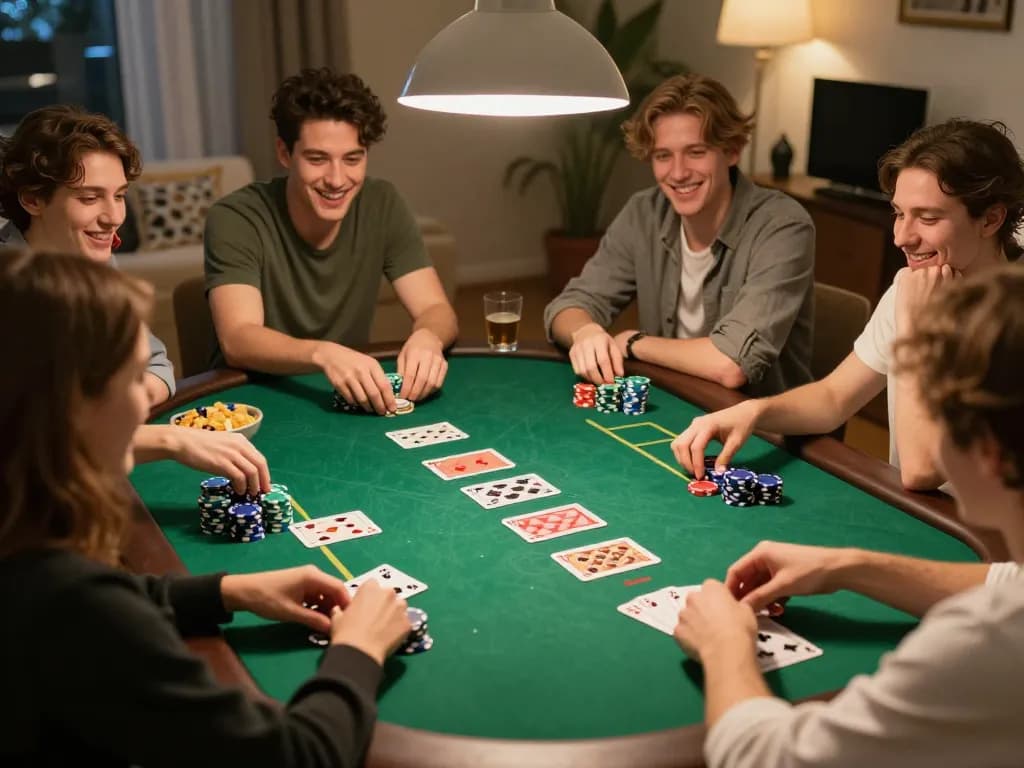 Players enjoying a poker game while sharing a Chatgpt caricature of their jobs in a social setting