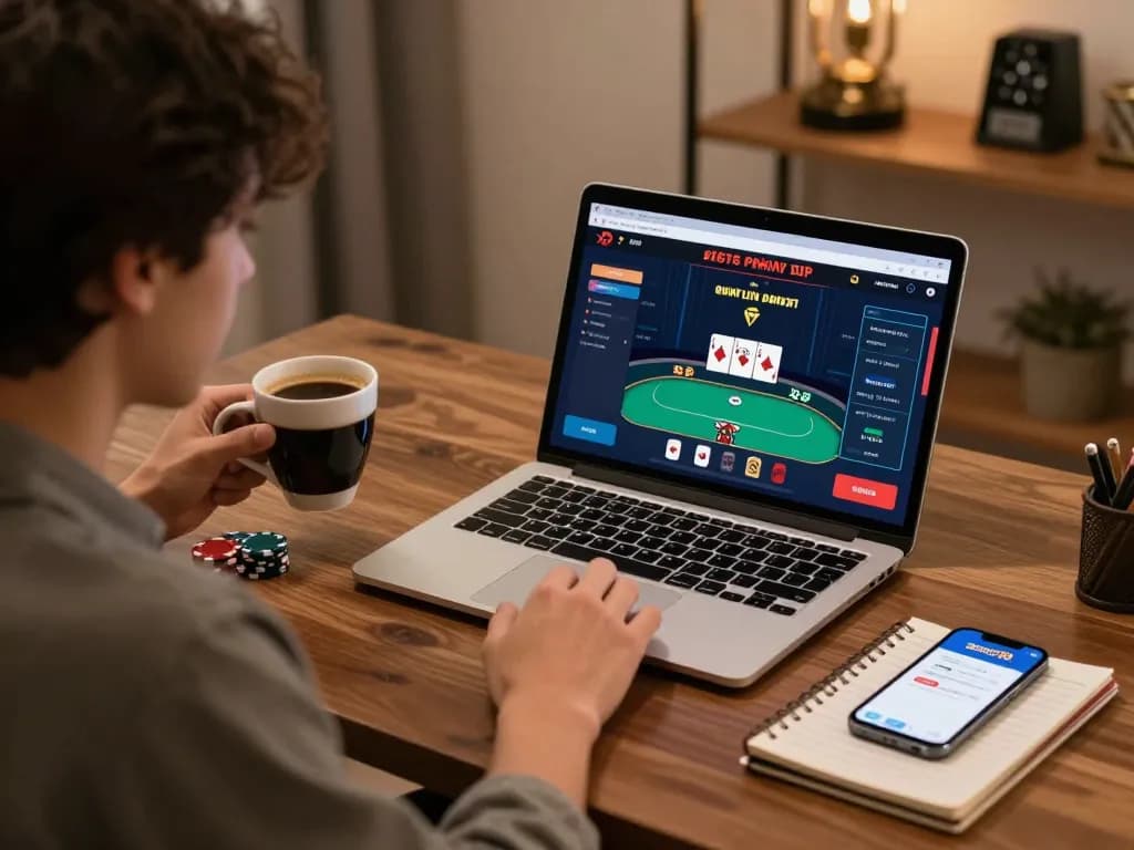 Seorang pengguna yang terlibat dengan platform aman788, menghitung peluang selama permainan poker online dari kantor rumah yang gaya.