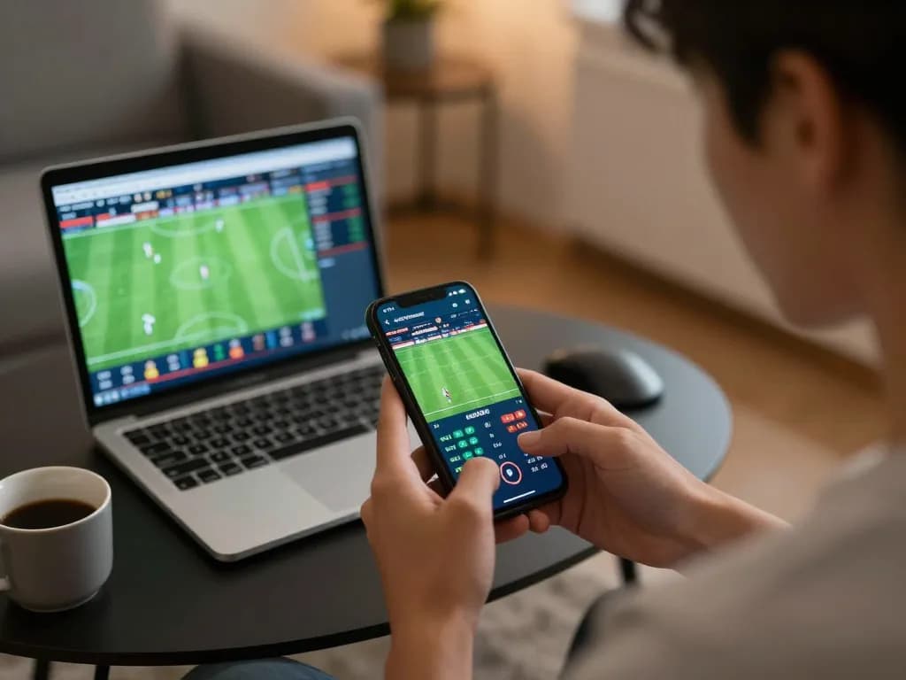 Engaged user analyzing live sports betting odds on 68win smartphone in cozy home setup