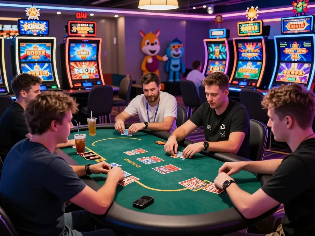 Engaged players enjoying sunwin đổi thưởng in an exciting online casino atmosphere full of lights and action.