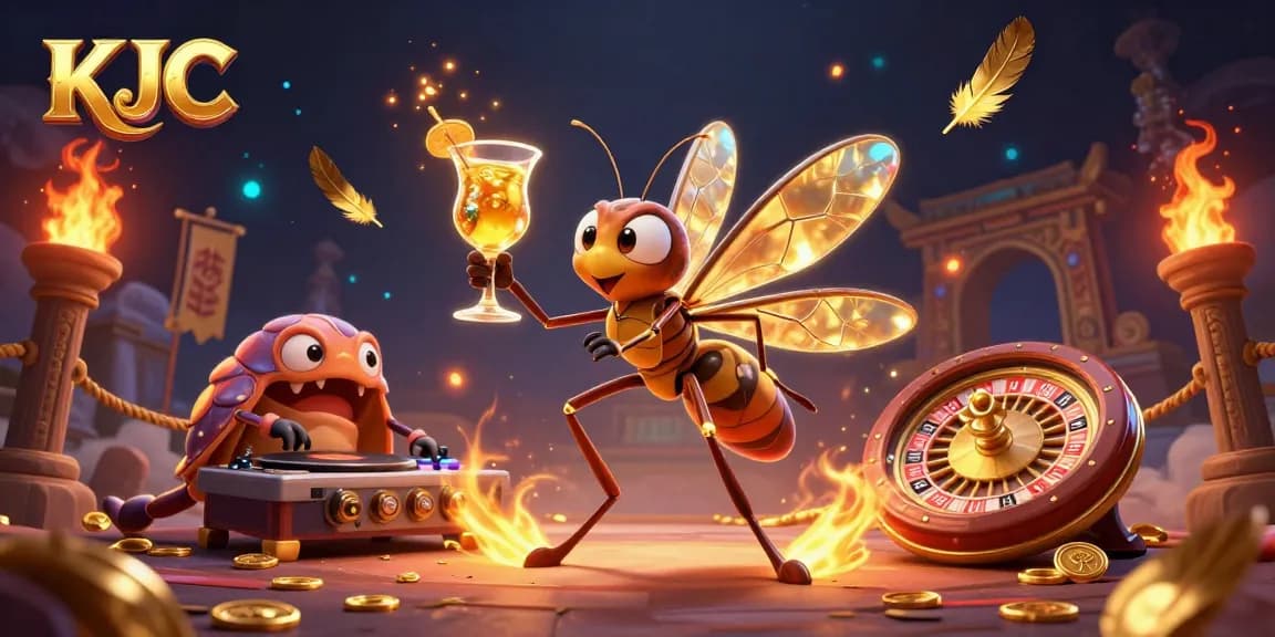 KJC casino mascot coming to life with golden cocktail beside a trilobite DJ and ammonite roulette wheel, vibrant casino scene.