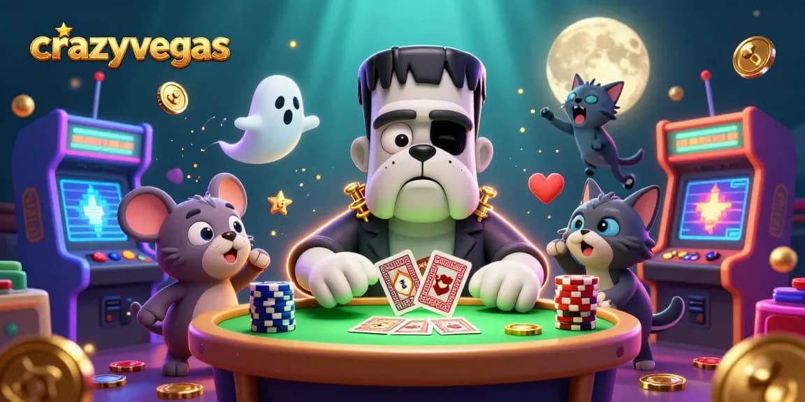 Experience the thrill of crazyvegas with a 3D cartoon casino scene featuring unique characters and game elements.