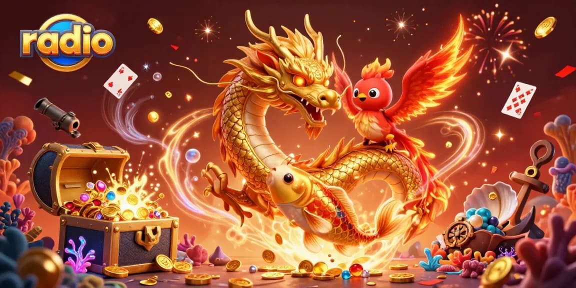 Engage with WIN79 radio gambling adventure featuring a dynamic dragon and phoenix scene with gold coins.