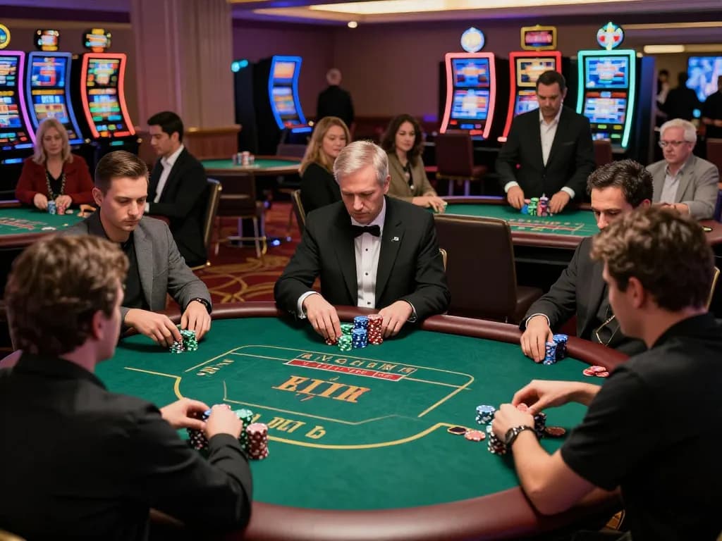 Players strategizing at poker tables, evaluating tỷ lệ nhà cái with colorful chips stacked high.
