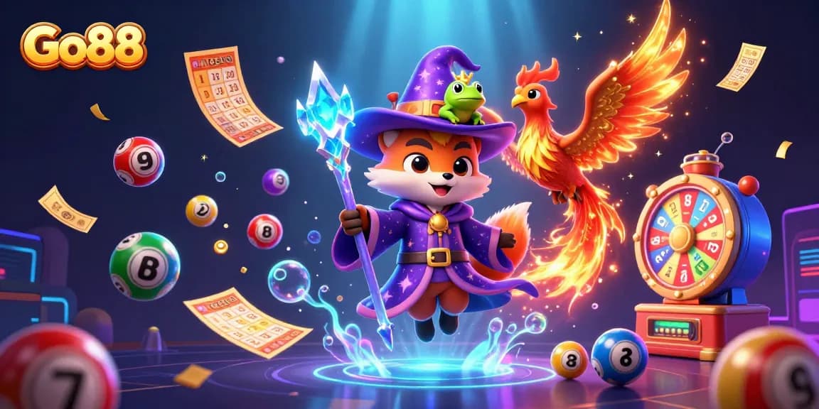 Engaging Go88 online gambling scene with wizard fox and vibrant casino elements.