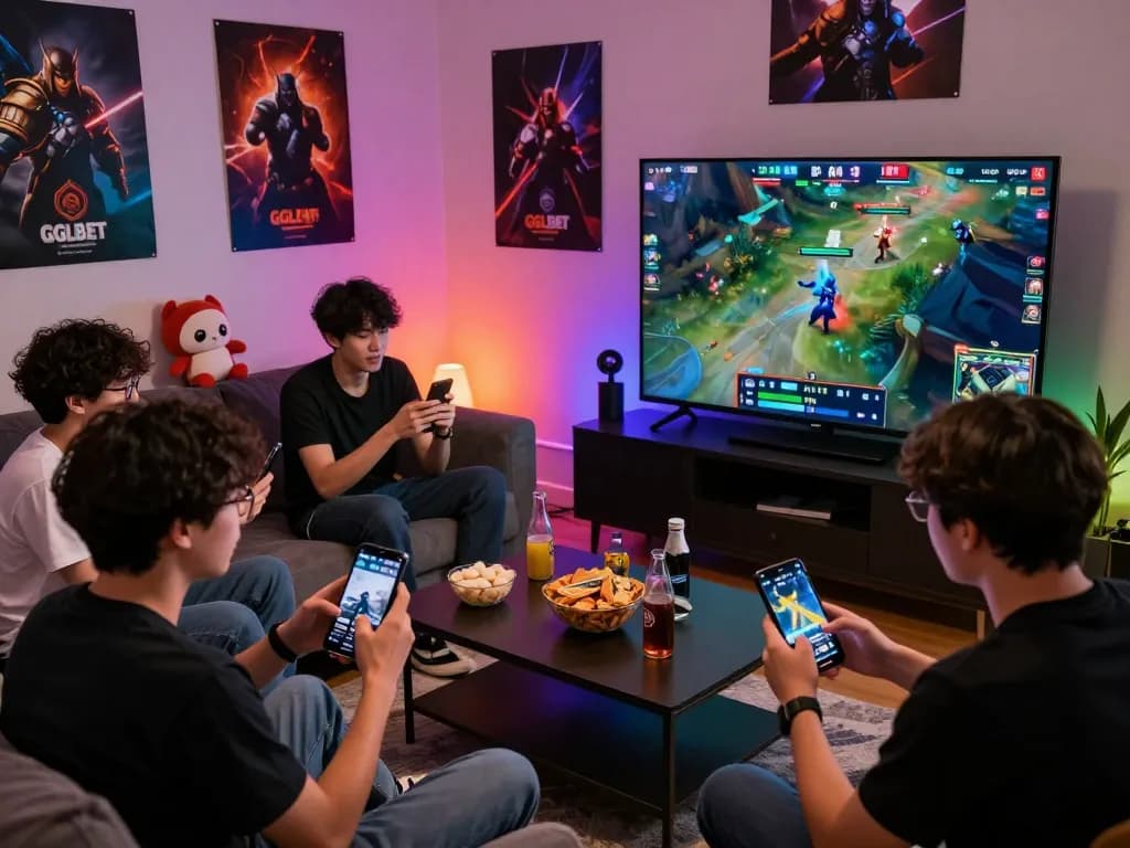 Exciting live Dota 2 betting scene with friends enjoying the match and using GGLBet Singapore for real-time updates.