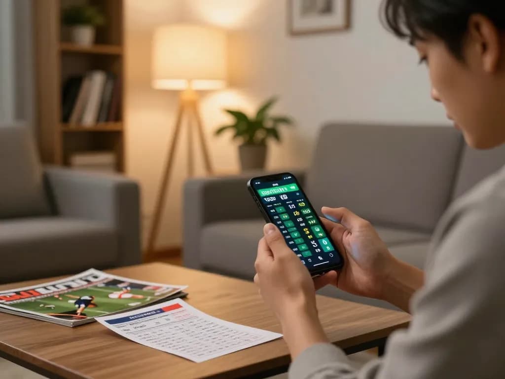 Soi kèo nhà cái hôm nay with a engaged sports bettor analyzing odds on their smartphone in a cozy home setting.