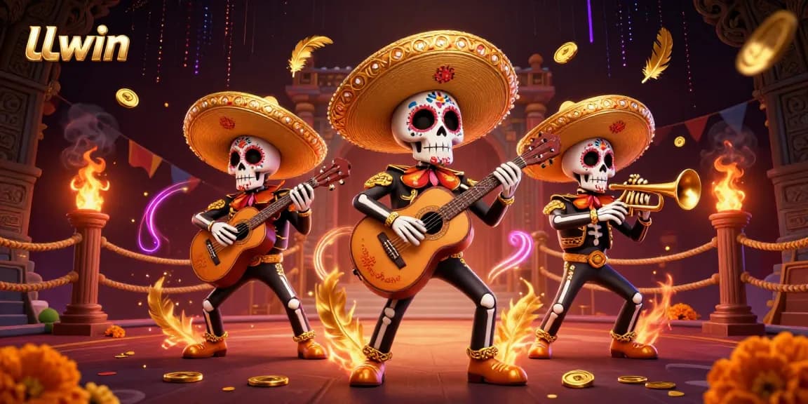 Experience the vibrant atmosphere of LLwin with a Day of the Dead mariachi band amid casino elements.