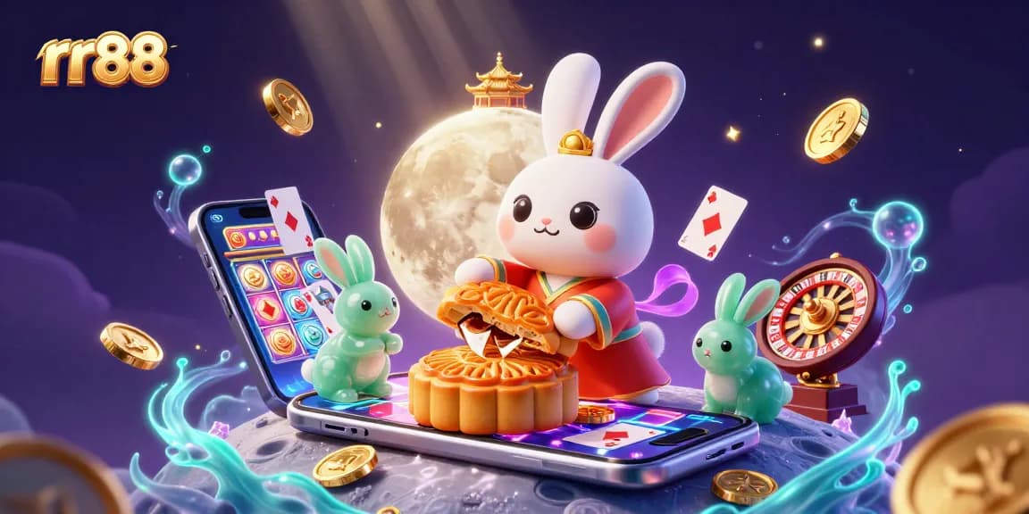 Experience rr88's exciting gaming world as a moon rabbit unveils poker treasures on the lunar surface.