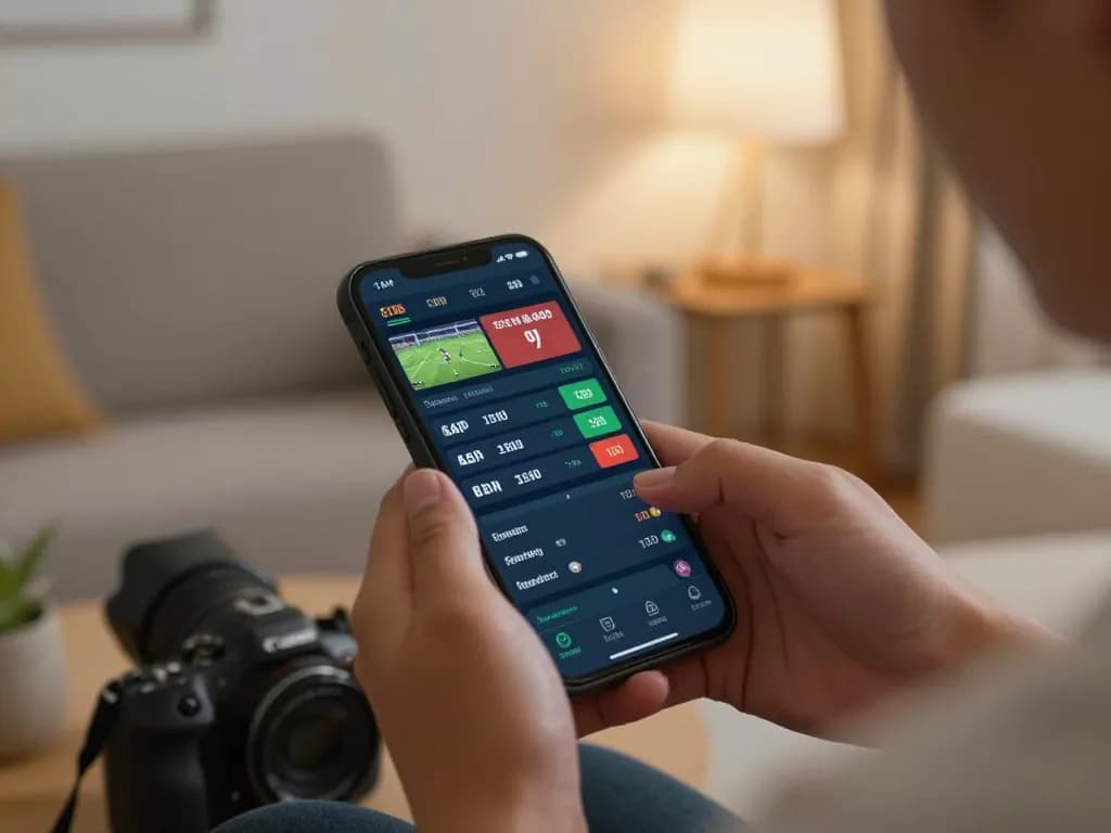 Sunwin sports betting user engaged in real-time wagering on a smartphone at home, showcasing screen with live odds.