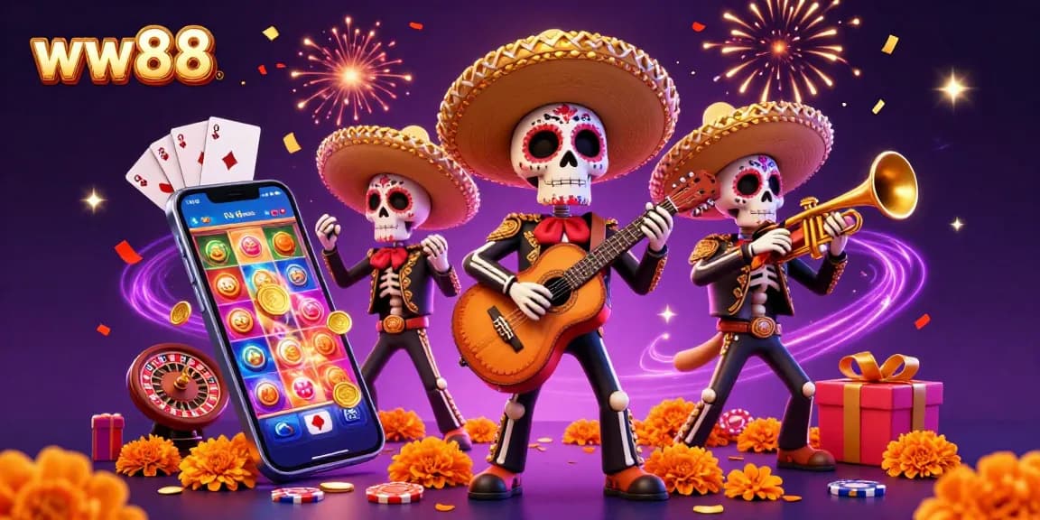 Win big at ww88 with our vibrant casino celebration featuring 3D skeleton musicians and dynamic gaming elements.