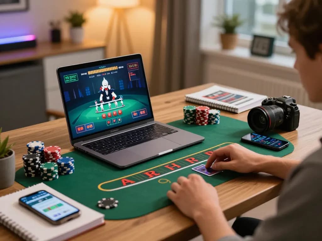 w188 player engaging in live dealer blackjack at home with a laptop and strategy notes