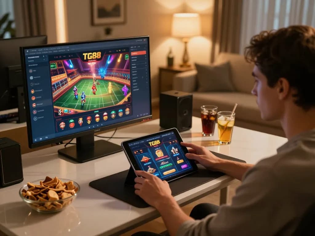 Player enjoying TG88 online gaming on a tablet with cozy home atmosphere.