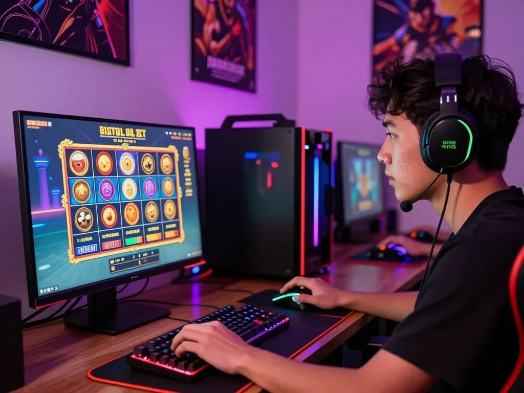 Pemain yang terlibat bermain permainan situs slot di set komputer yang berwarna-warni.