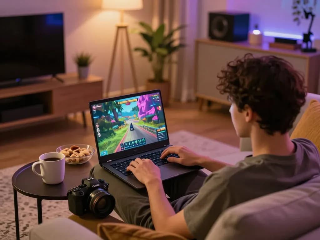 Player engaging in online gaming with cm88 on a laptop, showcasing interactive casino graphics.