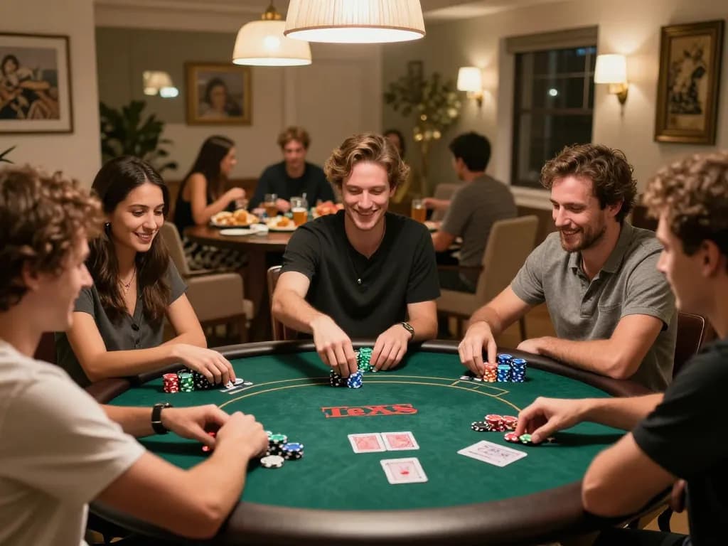 Players enjoying a friendly poker game at home, capturing excitement of dinamit4d strategies.