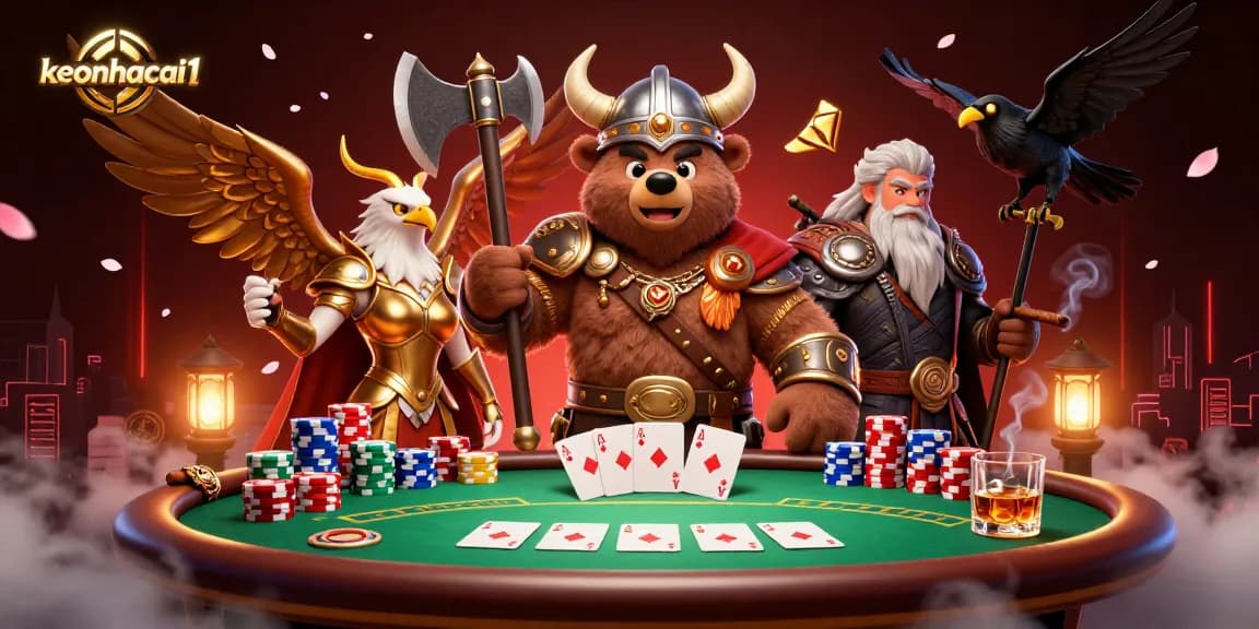 Engage in epic poker battles with keonhacai1's vibrant 3D scene featuring dynamic characters and game elements.