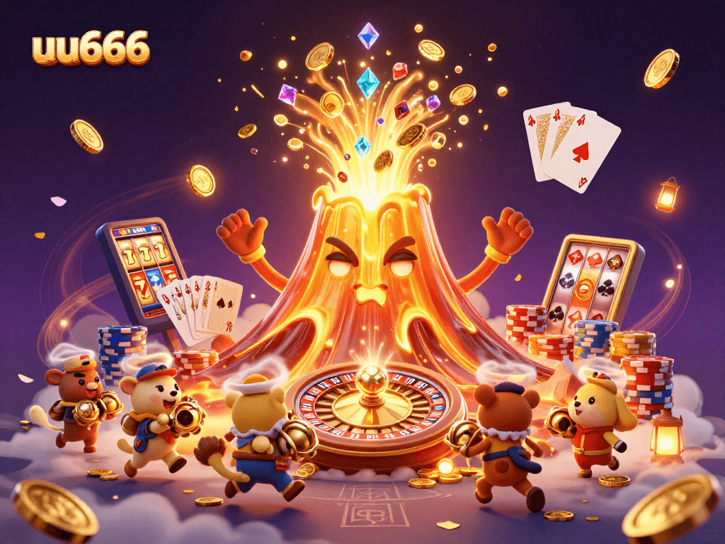 uu666 jackpots erupt with treasure as a triumphant volcano celebrates wins in this vibrant casino scene