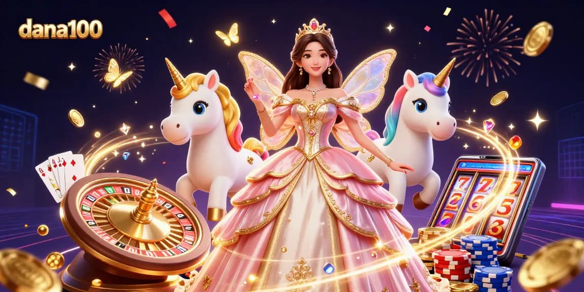 Experience the excitement at dana100 with a glamorous Asian woman and golden unicorn celebrating wins amidst a dynamic casino scene.