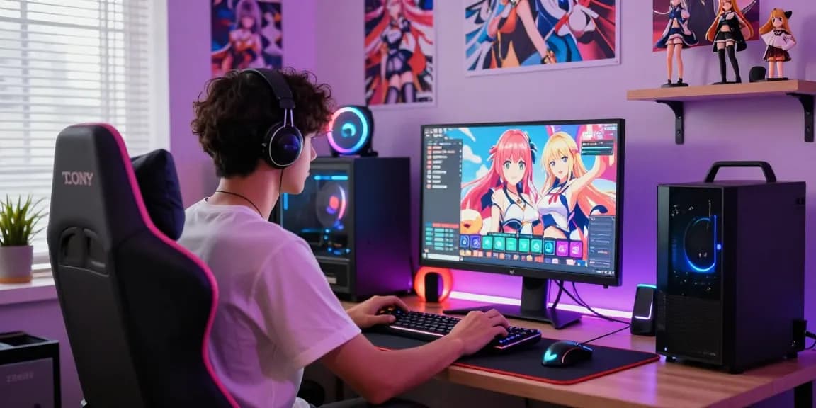 Gamer immersed in an ecchi game surrounded by vibrant decor and gaming gear.