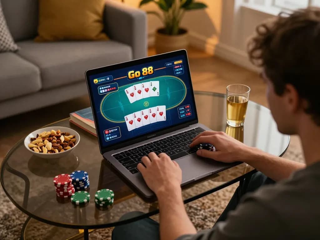 Engaging home gaming scene with online poker interface for Go 88, highlighting strategic play.