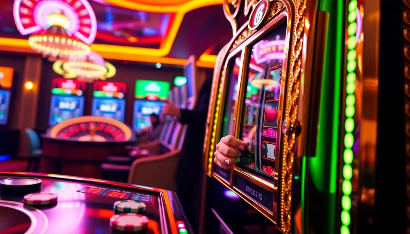 Player excitedly spinning a slot machine in a luxurious casino setting.