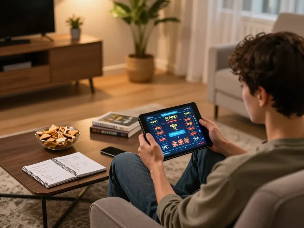 Person engaging in KP88 online casino gaming on tablet in cozy home setup.