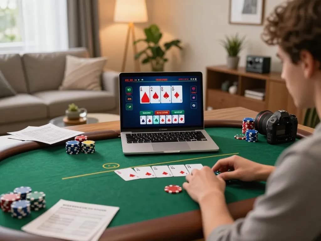 Engaging in a thrilling online poker game at home with 789WIN, showcasing chips and strategy notes.