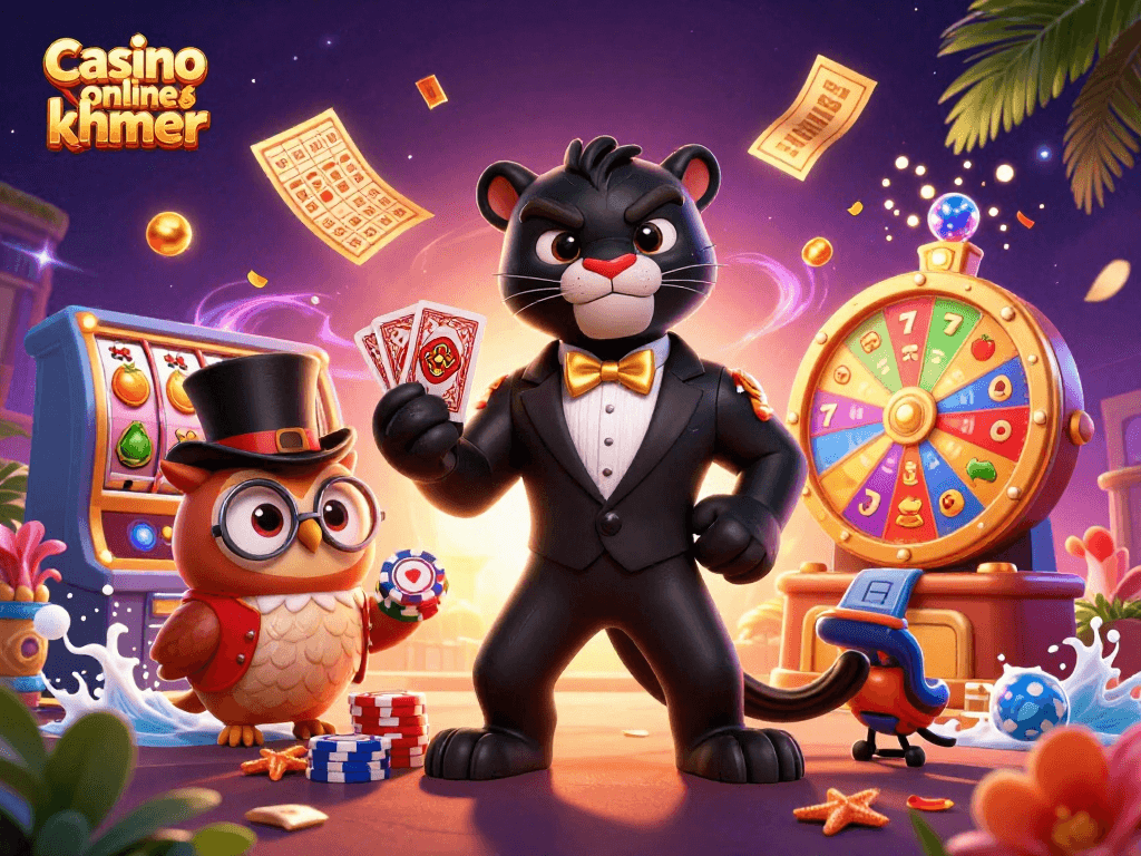 Engaging scene showcasing Casino online khmer with a cartoon black panther and friends amid vibrant casino elements.