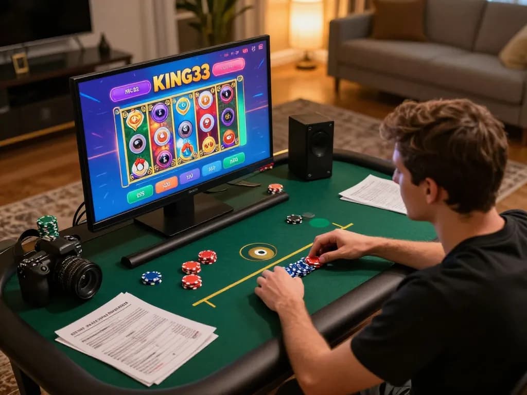 Player engaging with the KING33 mobile app at home, surrounded by gaming strategy tools and ambient lighting