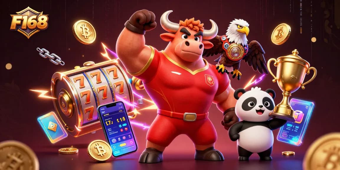 Experience F168’s top gaming action with a victorious mascot and vibrant slot elements in 3D.