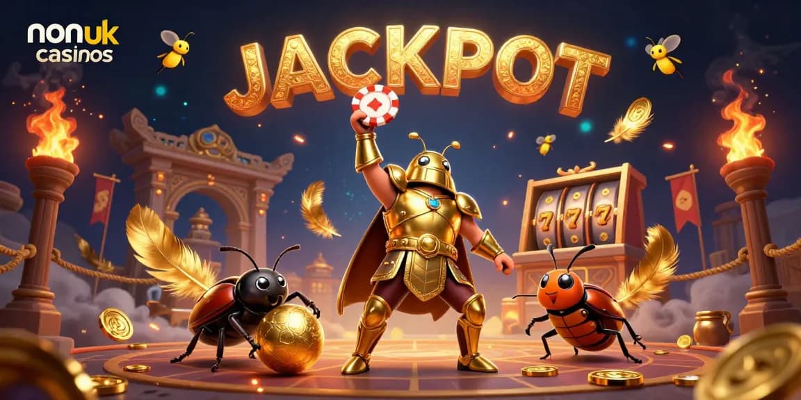 Engaging scene with non UK casinos showcasing a hercules beetle celebrating a win among golden game elements and vibrant fireworks.