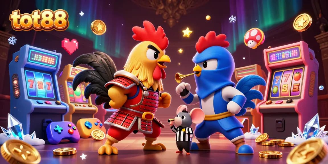 Experience the thrilling standoff of tot88's roosters amid vibrant casino elements.