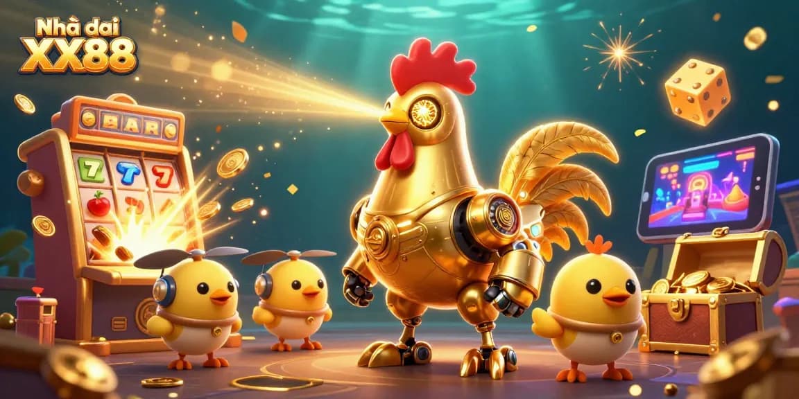 Experience excitement with Nhà cái XX88's vibrant gaming world featuring iconic slot machines and 3D characters.