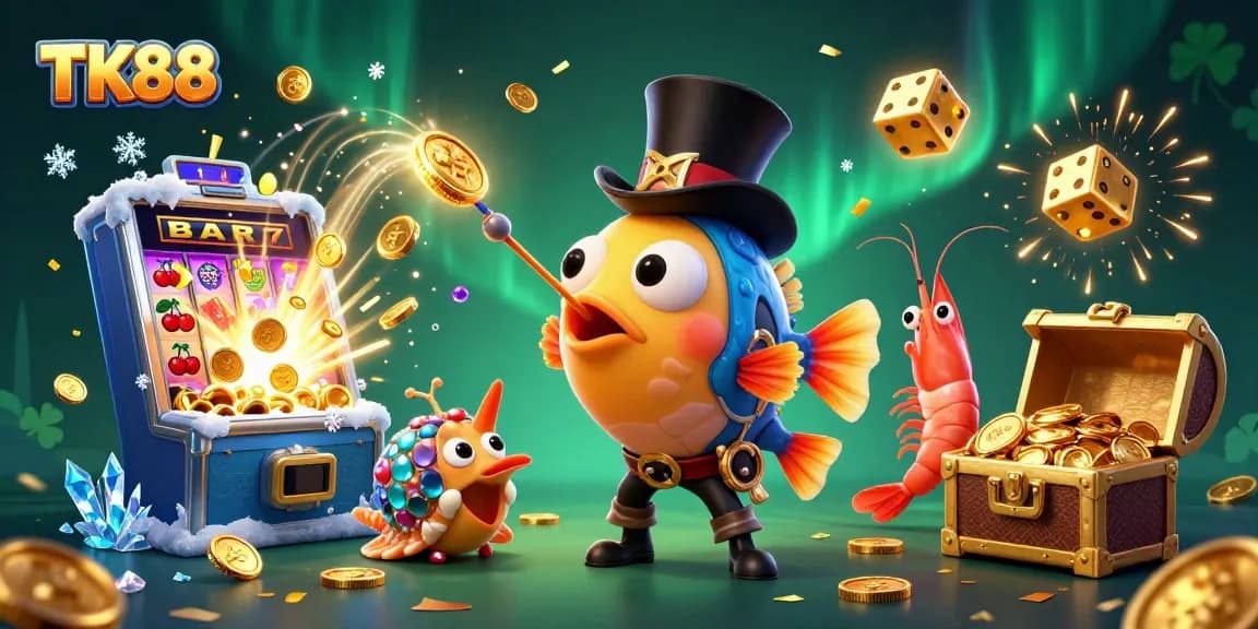 Experience excitement at TK88 with a cartoon anglerfish attracting golden coins amidst dynamic casino elements.