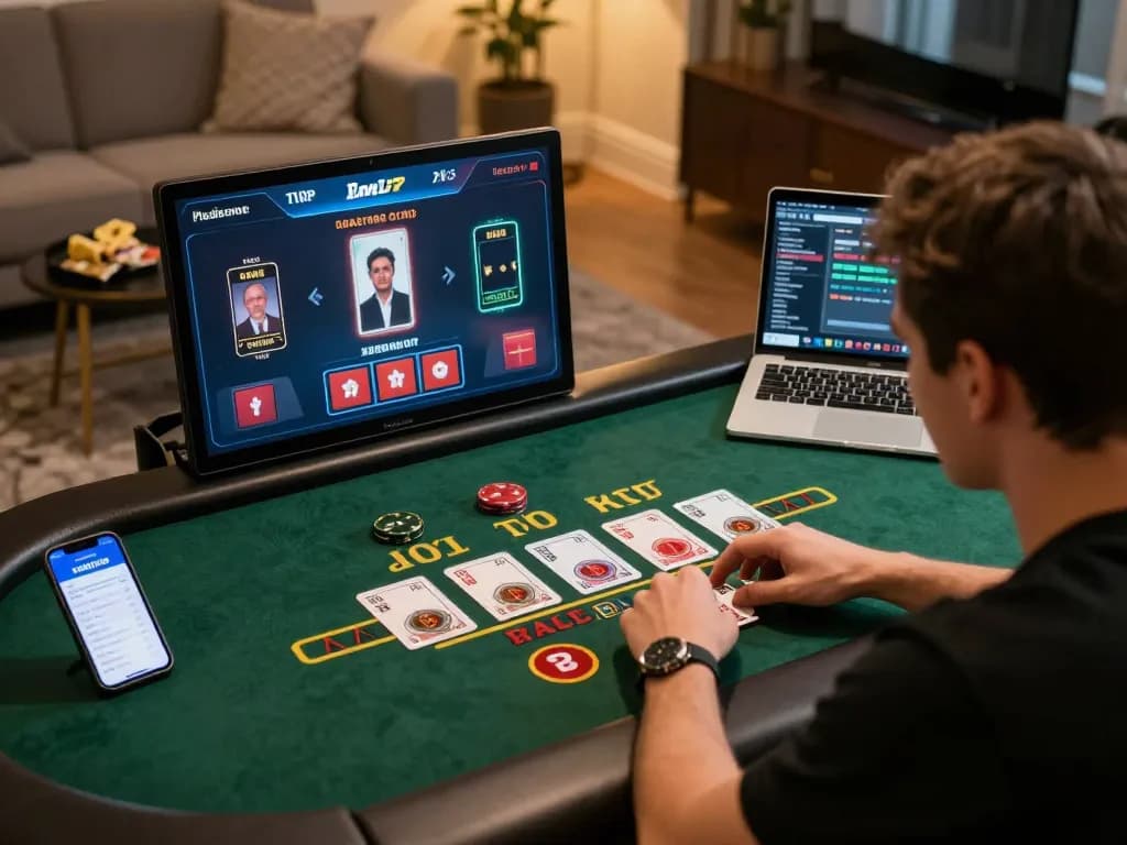 Engaged player strategizing at ulat123 online blackjack table in a cozy home setting.