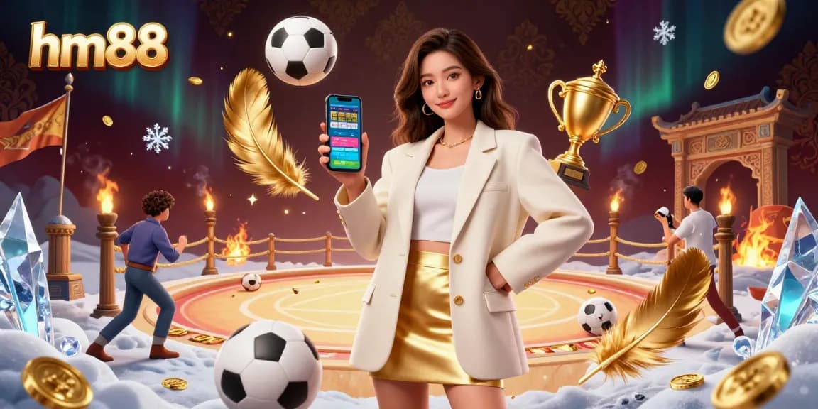Engage with hm88, showcasing an elegant Asian woman with a sports betting app amidst luxurious casino elements.