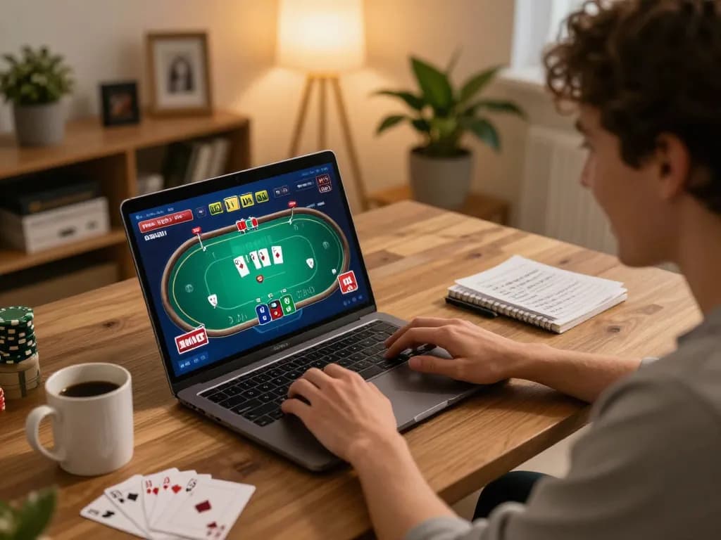 Person engaged in an online poker game on Nowgoal website, showcasing strategic gameplay in a cozy home environment